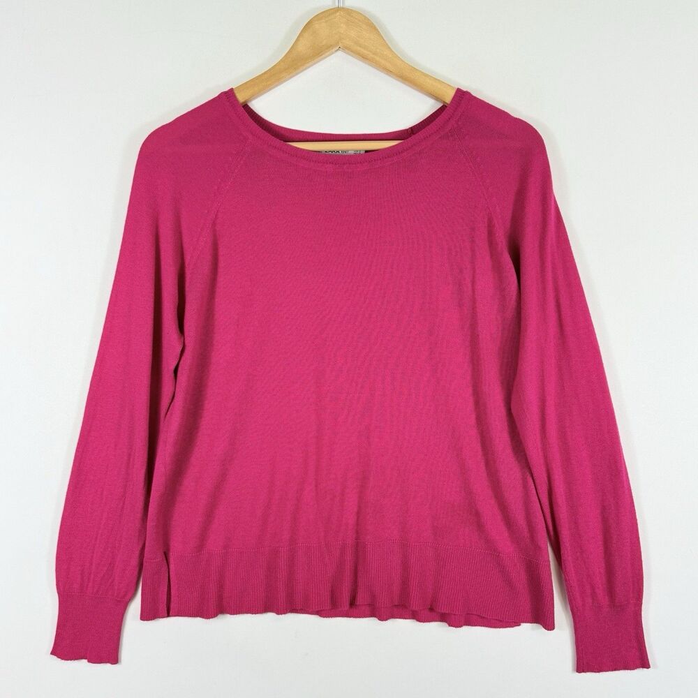 Zara Knit Bright Hot Pink Tight Knit Crew Neck Pullover Sweater Women's Sz Small